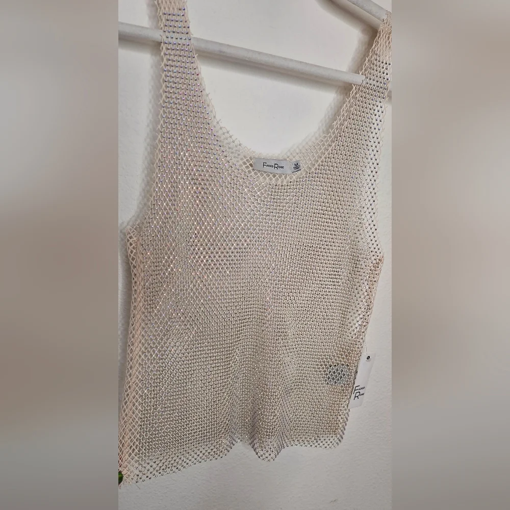 Faded Rose Mesh And Rhinestone Cream Tank Top - Size Medium - Picture 7 of 16